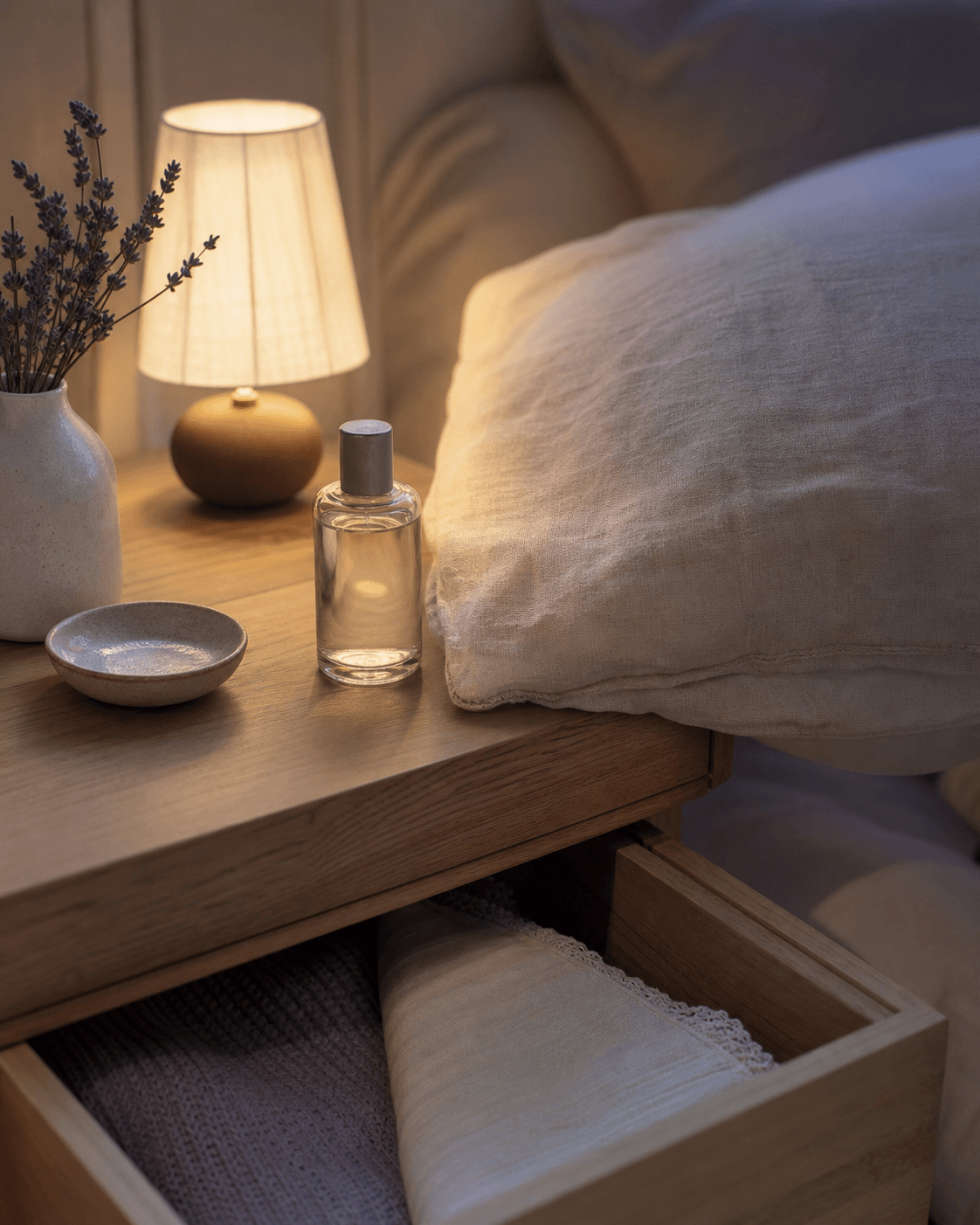 A bedside table with a small perfume bottle, linen pillowcase, lamp, and open drawer.