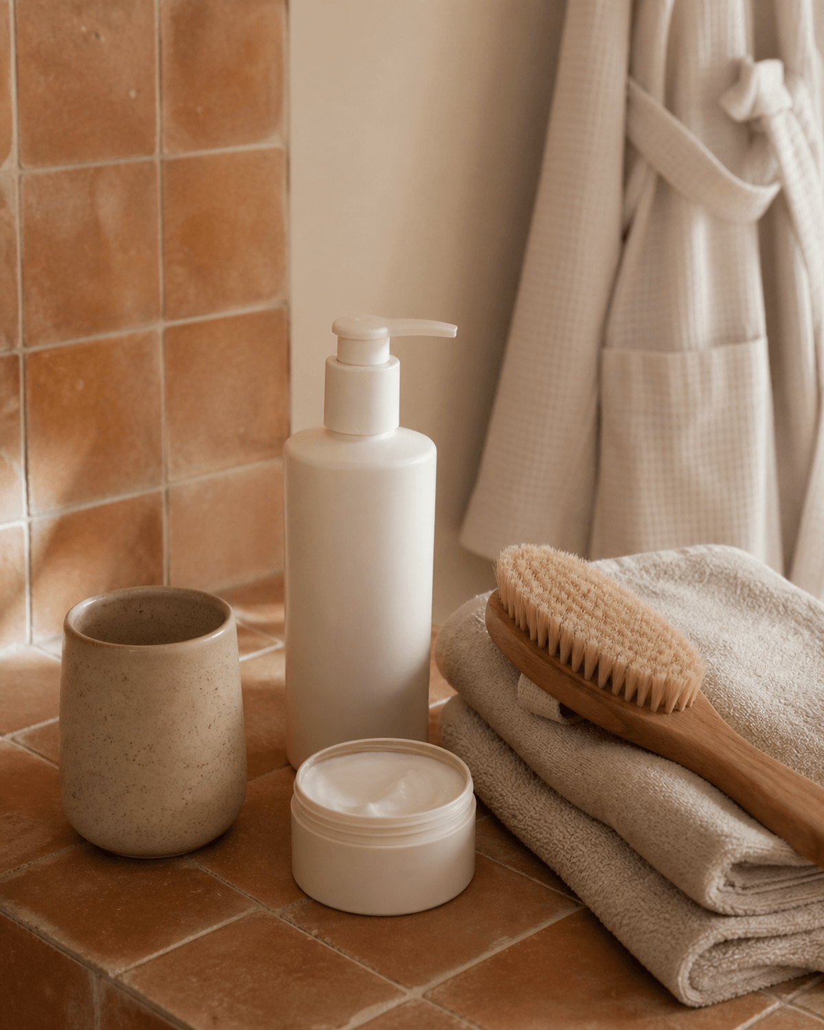 A body lotion pump, folded towel, cotton robe, and ceramic cup on warm bathroom tile.