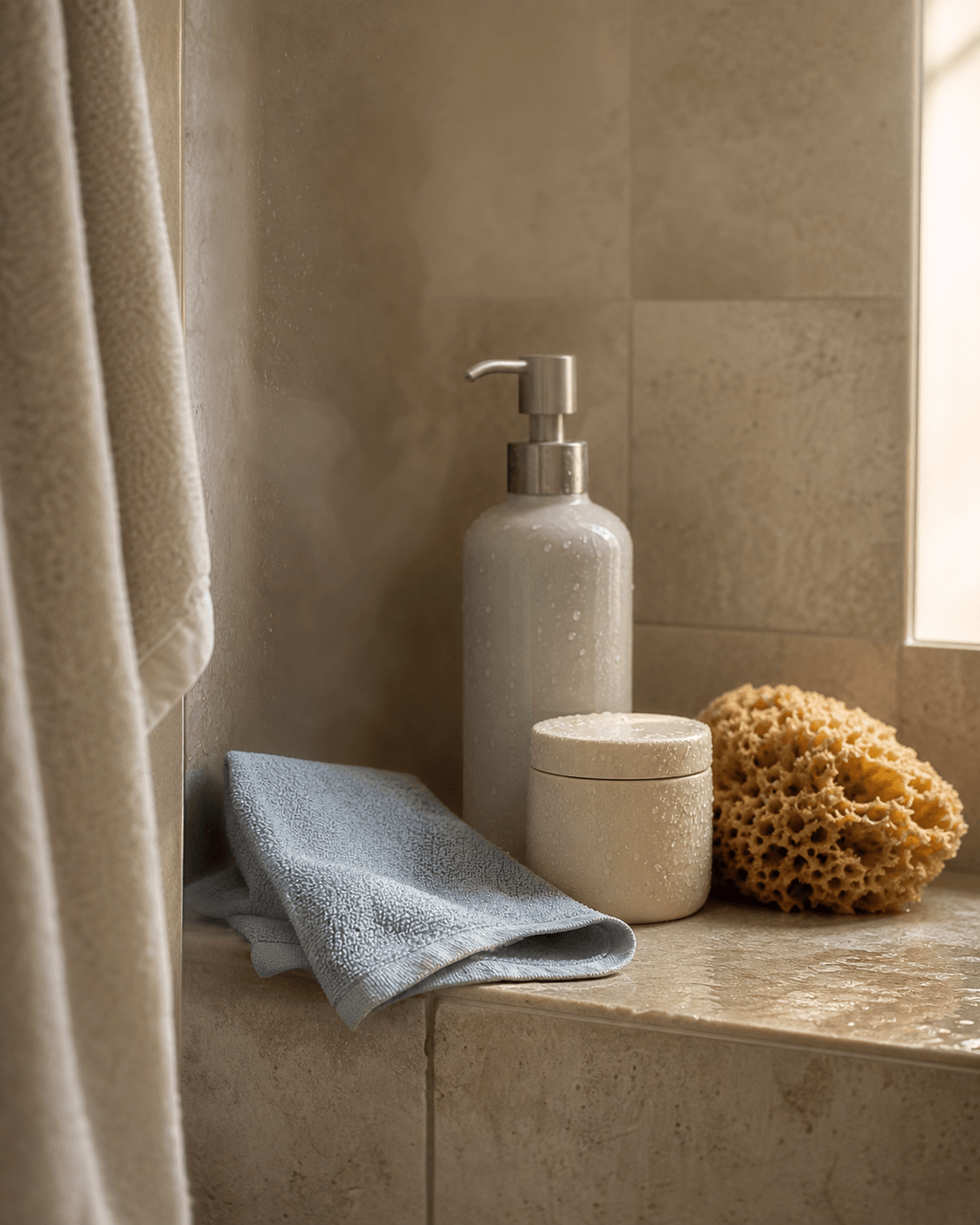 A warm shower shelf with a washcloth, body cleanser, cream jar, and natural sponge.