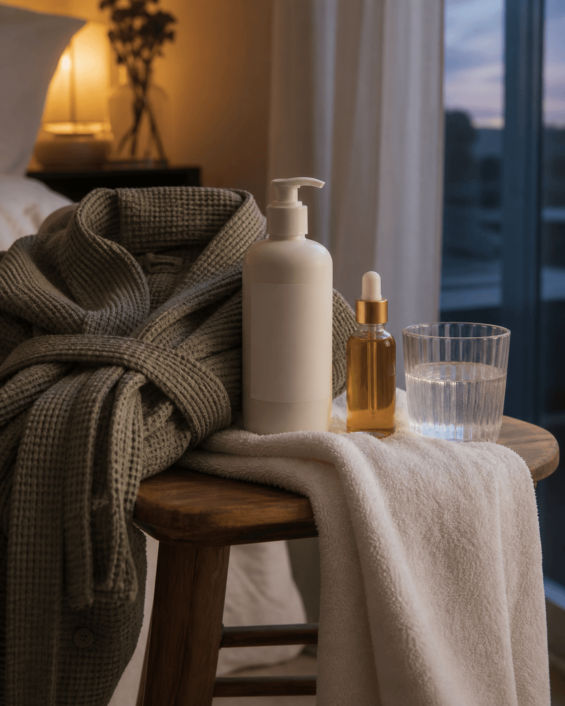 A cozy body lotion setup with robe, towel, pump bottle, oil, and evening light.