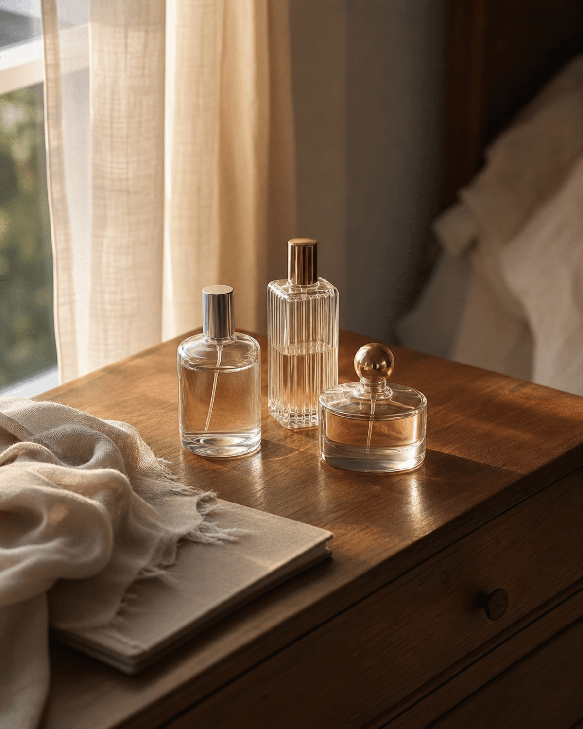 Three simple perfume bottles on a wooden dresser with a linen scarf, notebook, and late afternoon light.