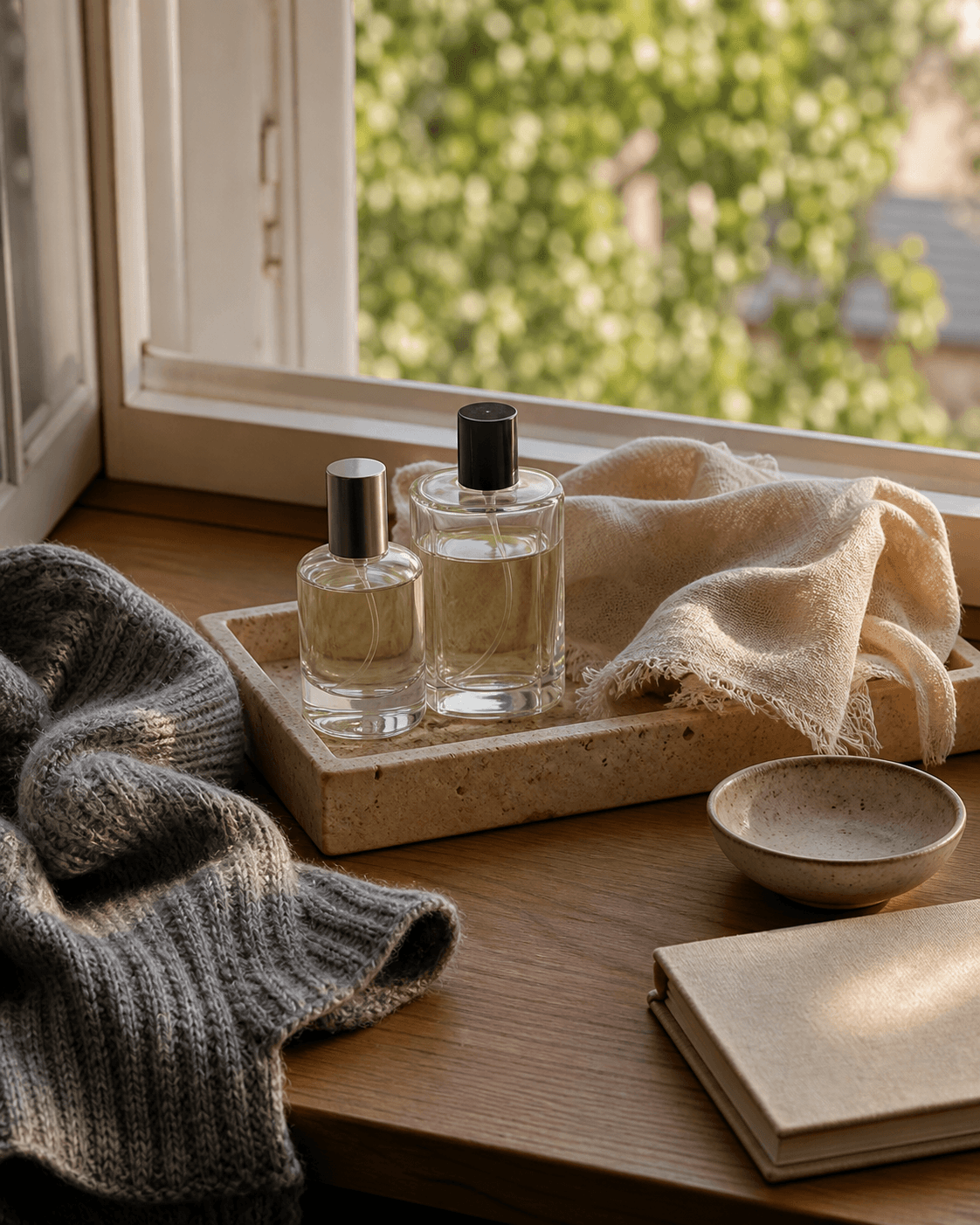 Two perfume bottles on a wooden dresser with linen, wool, and late afternoon light.