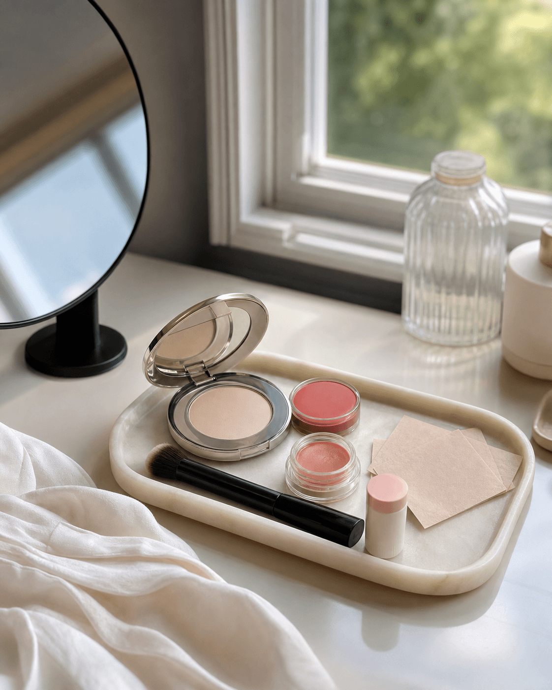 A small tray of makeup touch-up products beside a window and round mirror.