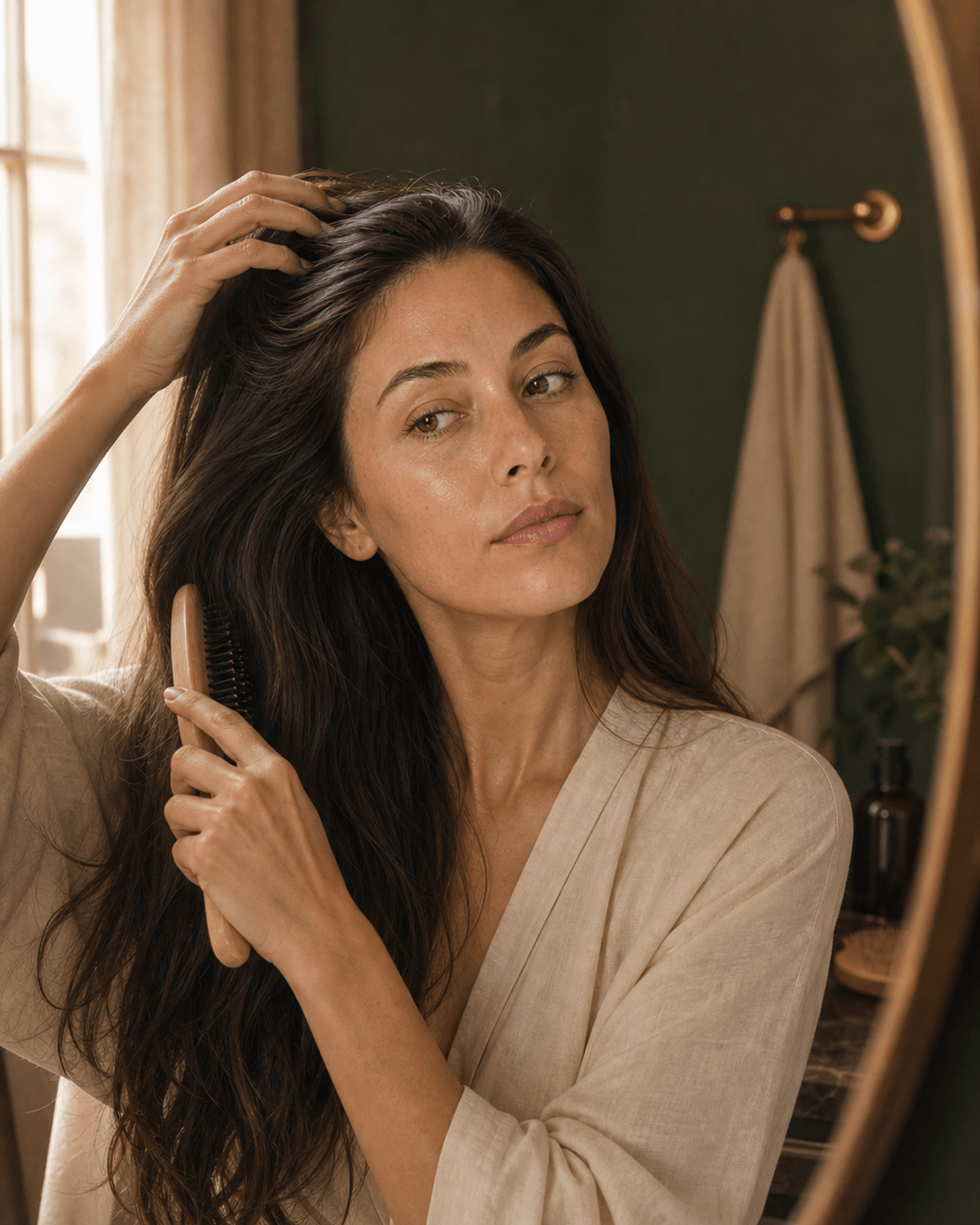 A person brushing hair near a softly lit bathroom window.