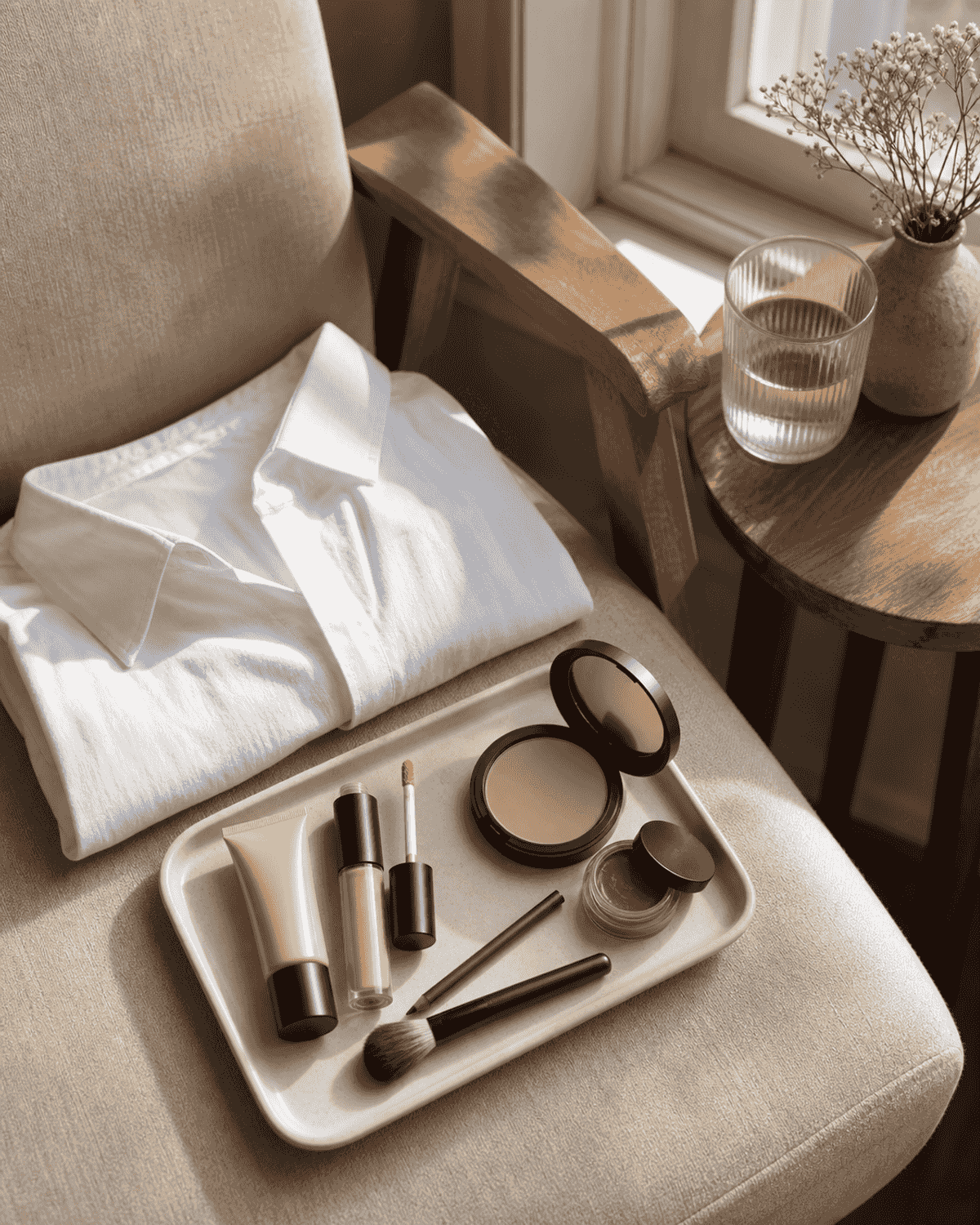 A compact makeup tray with skin tint, concealer, powder, blush, and a small brush beside a folded cotton shirt.