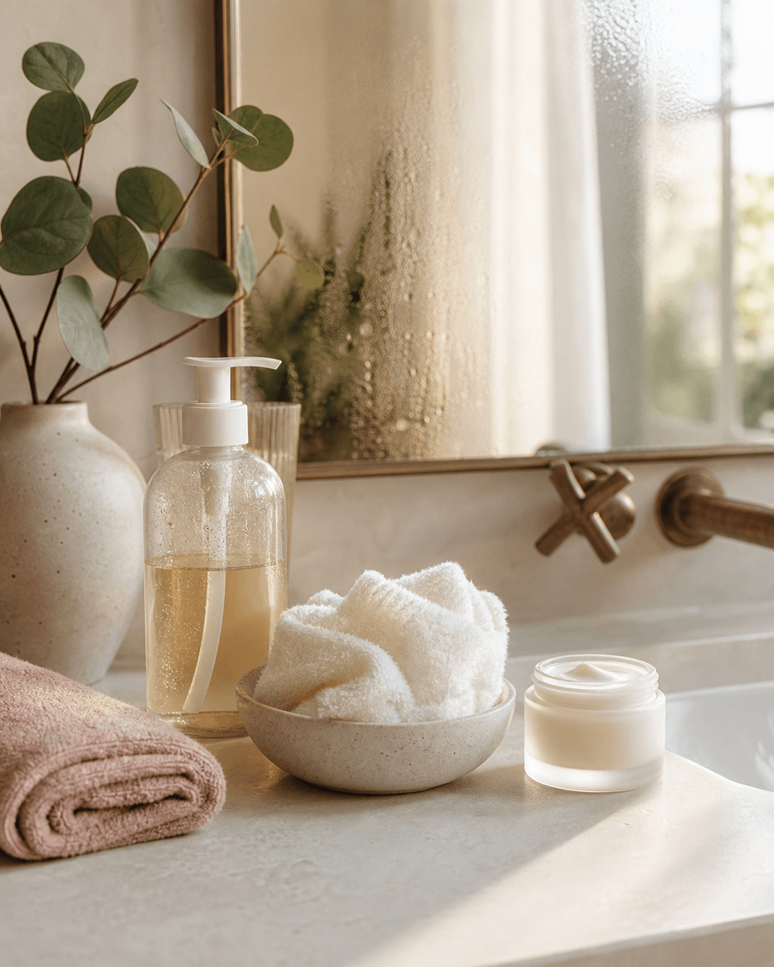 A warm bathroom sink with cleanser, cream, towels, and soft morning light.