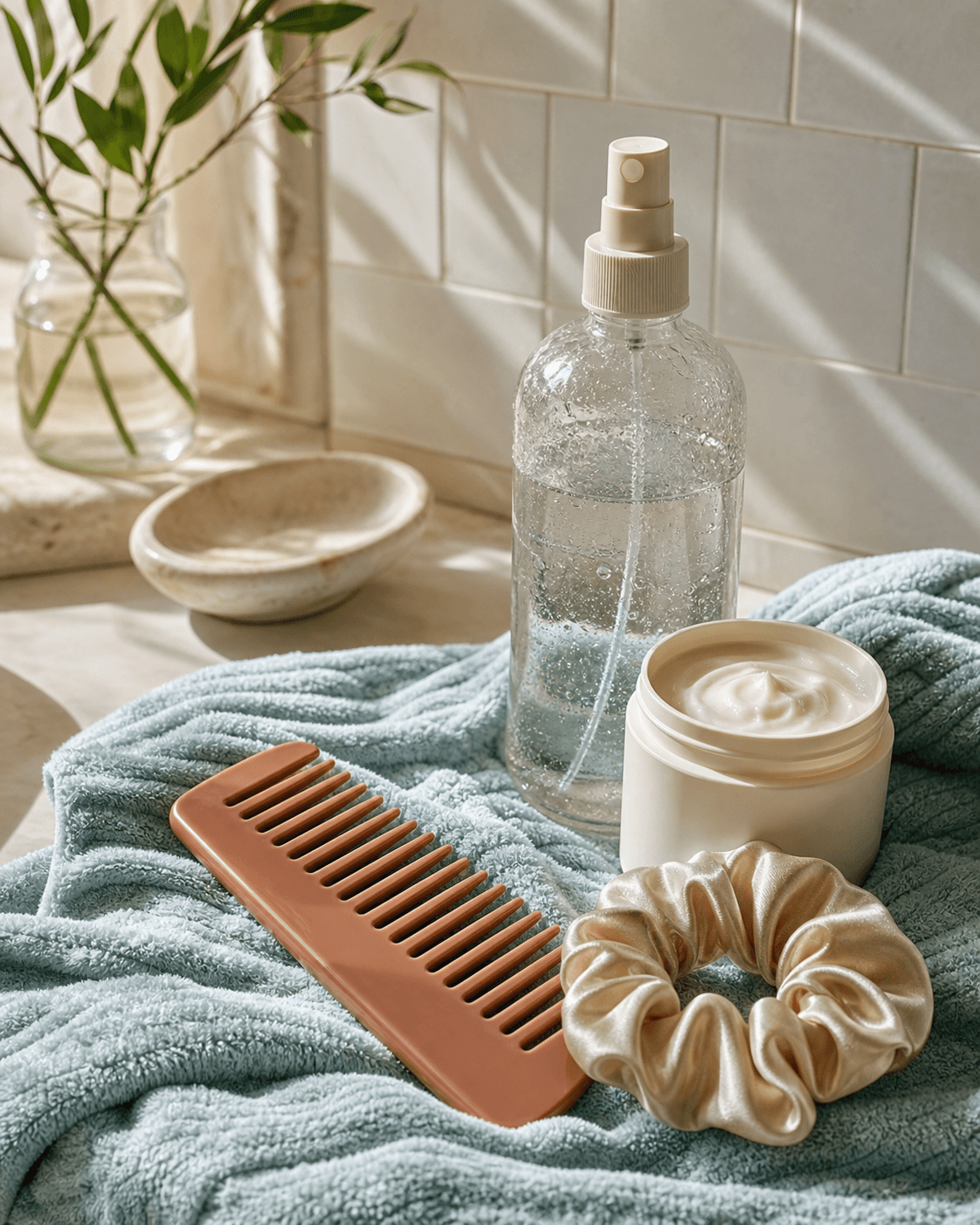 A curl refresh setup with a spray bottle, comb, towel, cream, and satin scrunchie.