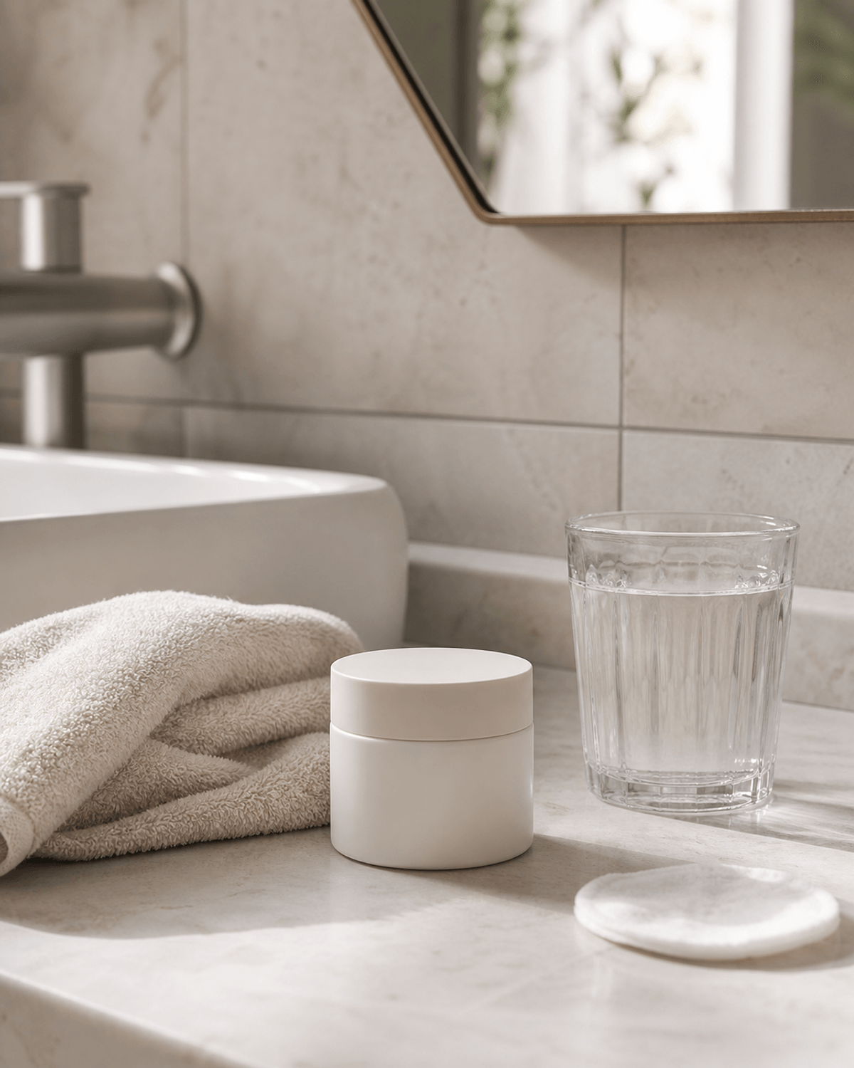 A quiet bathroom sink with a soft towel, plain moisturizer, and a glass of water in gentle morning light.