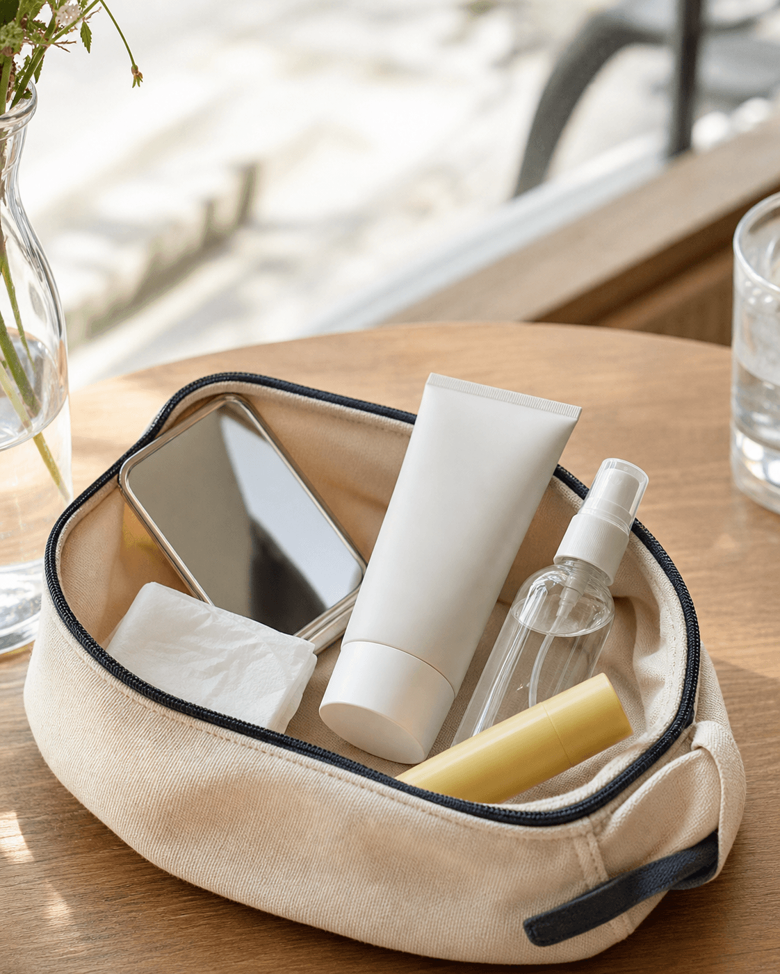 A small canvas pouch with sunscreen, mirror, mist, balm, and tissues on a cafe table.