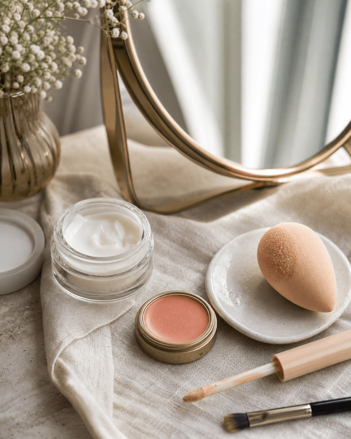 A vanity setup with eye cream, corrector, concealer, brush, sponge, and soft mirror light.