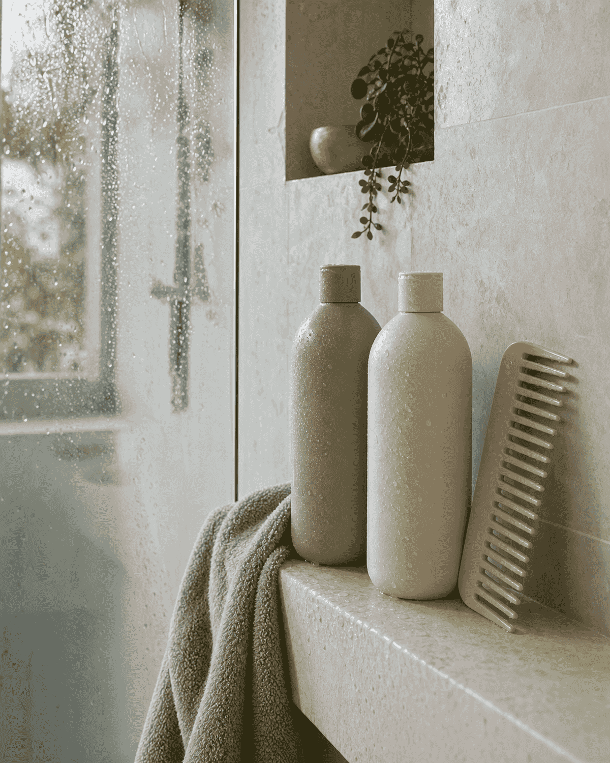 A shower shelf with shampoo, conditioner, a wide-tooth comb, and a soft towel near steamed glass.