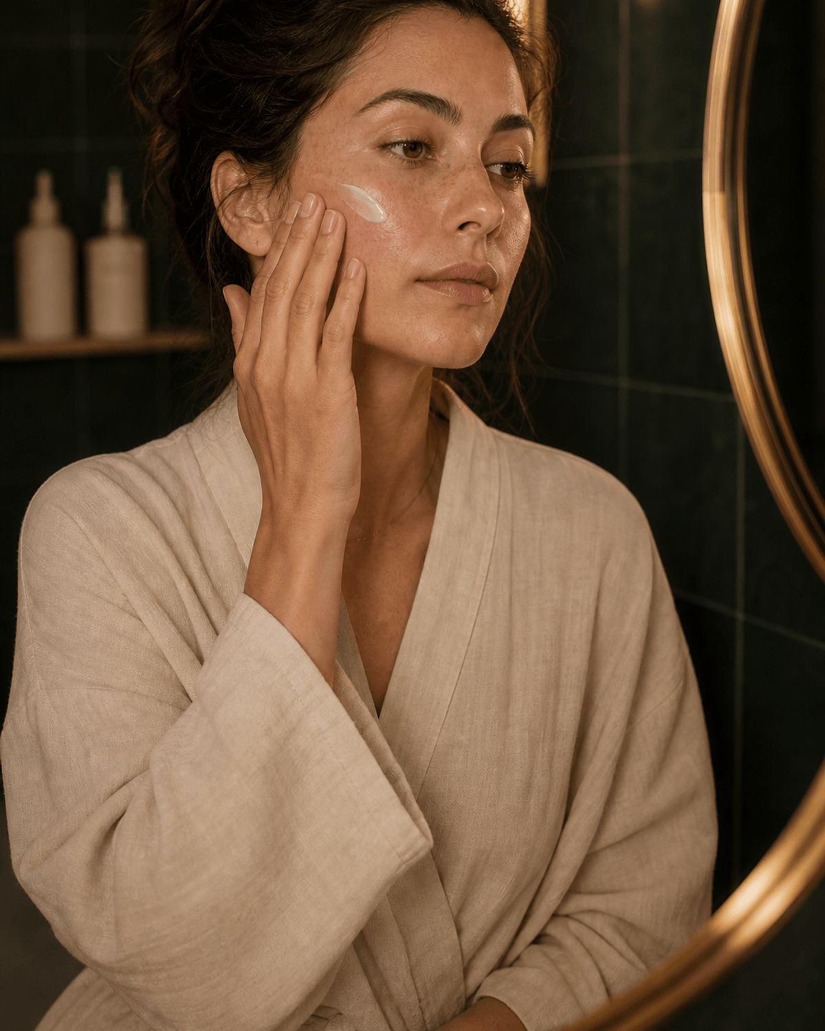 A person applying evening skincare beside a softly lit mirror.